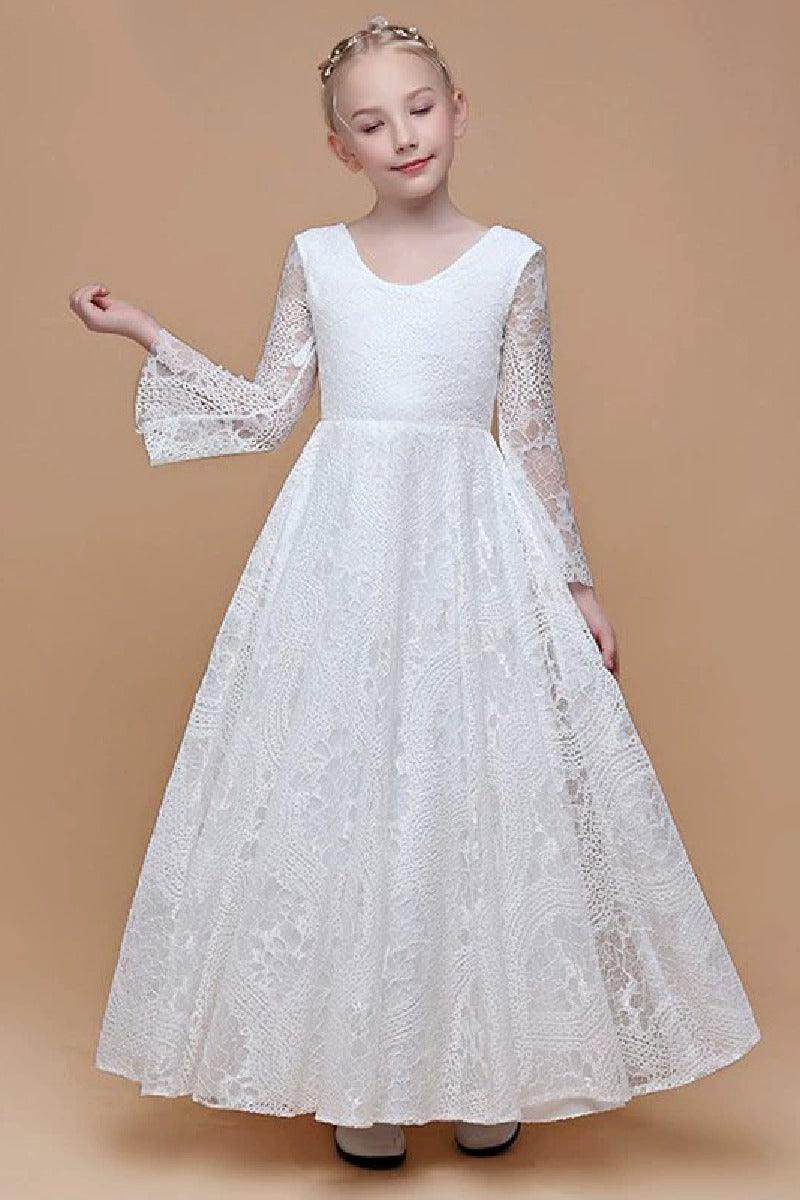 A-Line Scoop Neck Long Sleeve Lace Maxi Flower Girl Dresses 739220885327 - COCOMELODY
